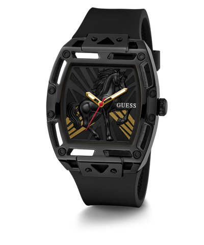 GUESS Mens Limited Edition Lunar New Year Black Analog Watch with horse design on a white background
