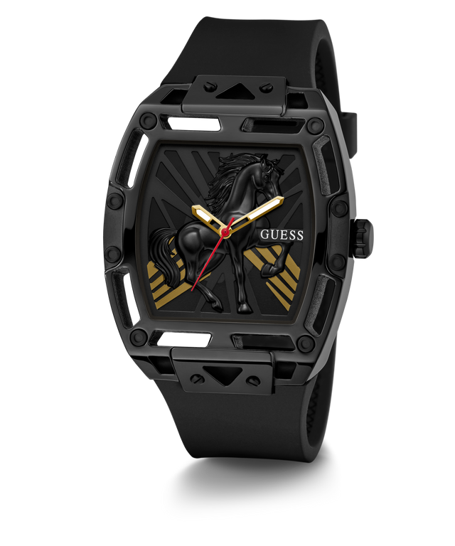GUESS Mens Limited Edition Lunar New Year Black Analog Watch with horse design on a white background