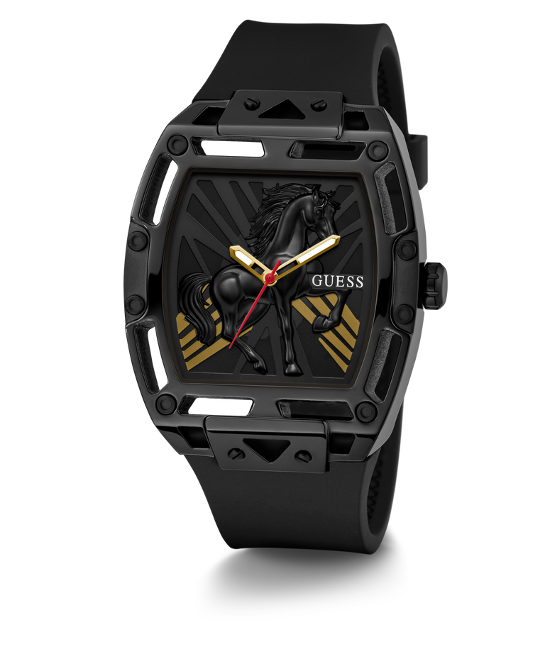GUESS Mens Limited Edition Lunar New Year Black Analog Watch with horse design on a white background