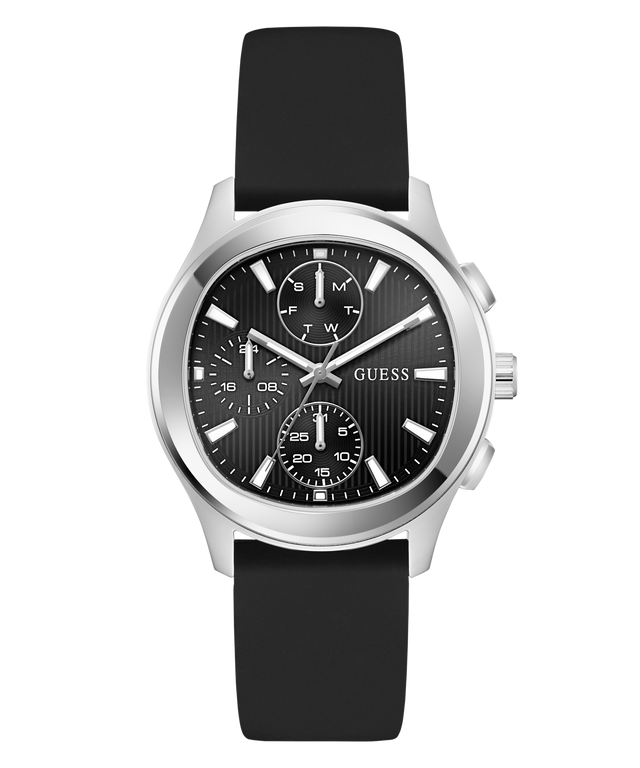 Black GUESS Mens Palmer Black Silver Tone Analog Watch with silver case and black strap on a white background
