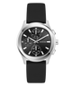 Black GUESS Mens Palmer Black Silver Tone Analog Watch with silver case and black strap on a white background
