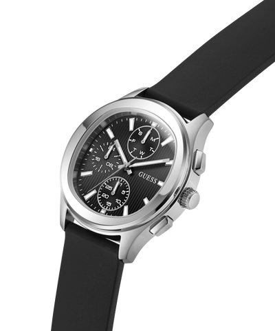 Black GUESS Mens Palmer Black Silver Tone Analog Watch with silver case and black strap on a white background lifestyle