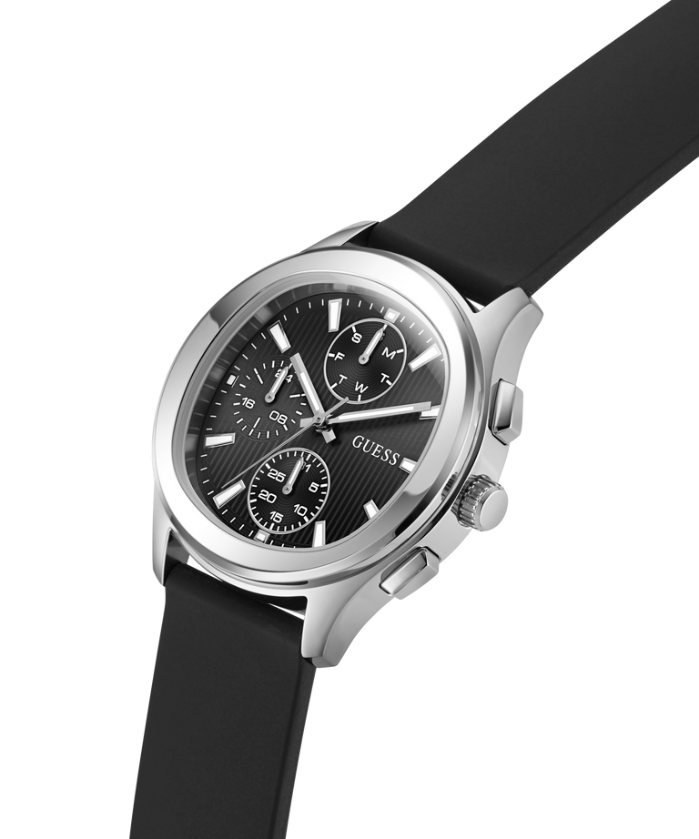 Black GUESS Mens Palmer Black Silver Tone Analog Watch with silver case and black strap on a white background lifestyle