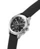 Black GUESS Mens Palmer Black Silver Tone Analog Watch with silver case and black strap on a white background lifestyle