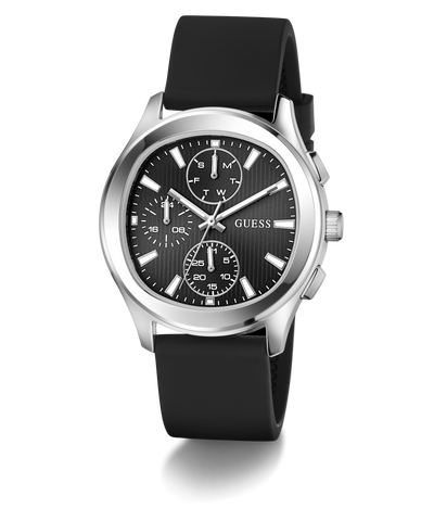 Black GUESS Mens Palmer Black Silver Tone Analog Watch with silver case on a white background