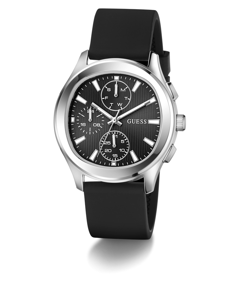 Black GUESS Mens Palmer Black Silver Tone Analog Watch with silver case on a white background
