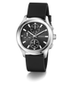 Black GUESS Mens Palmer Black Silver Tone Analog Watch with silver case on a white background