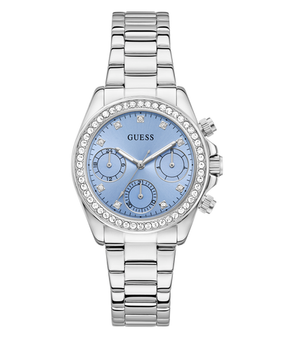 GUESS Ladies Victoria Silver Tone Multifunction Watch with a blue face on a white background