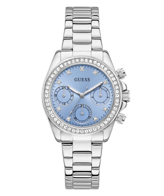 GUESS Ladies Victoria Silver Tone Multifunction Watch with a blue face on a white background