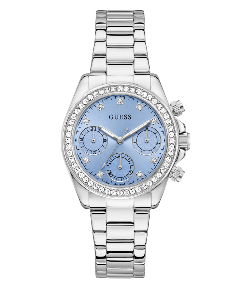 GUESS Ladies Victoria Silver Tone Multifunction Watch with a blue face on a white background