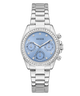 GUESS Ladies Victoria Silver Tone Multifunction Watch with a blue face on a white background
