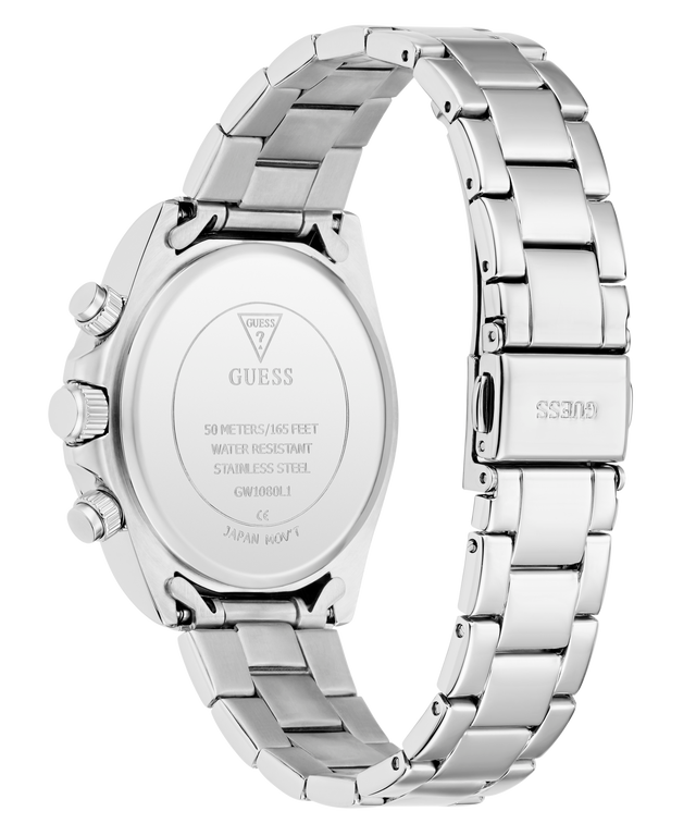 GUESS Ladies Victoria Silver Tone Multifunction Watch with metal band on a white background