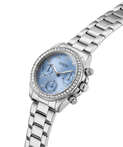 GUESS Ladies Victoria Silver Tone Multifunction Watch with a blue face on a white background lifestyle