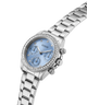 GUESS Ladies Victoria Silver Tone Multifunction Watch with a blue face on a white background lifestyle