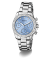 GUESS Ladies Victoria Silver Tone Multifunction Watch with a blue face on a white background