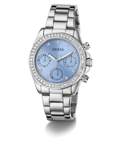 GUESS Ladies Victoria Silver Tone Multifunction Watch with a blue face on a white background
