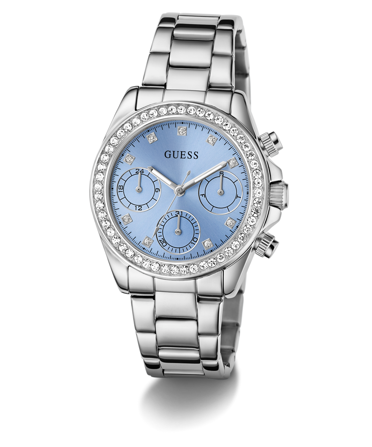 GUESS Ladies Victoria Silver Tone Multifunction Watch with a blue face on a white background