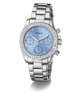 GUESS Ladies Victoria Silver Tone Multifunction Watch with a blue face on a white background