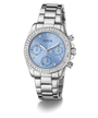 GUESS Ladies Victoria Silver Tone Multifunction Watch with a blue face on a white background