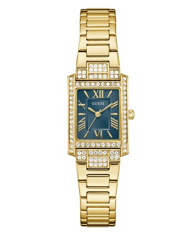 Gold GUESS Ladies Gold Tone Analog Watch with a teal face and diamond accents on a white background
