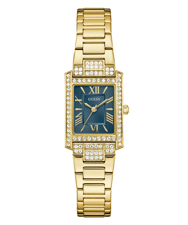 Gold GUESS Ladies Gold Tone Analog Watch with a teal face and diamond accents on a white background
