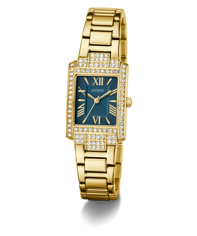 Gold GUESS Ladies Gold Tone Analog Watch with a teal face on a transparent background