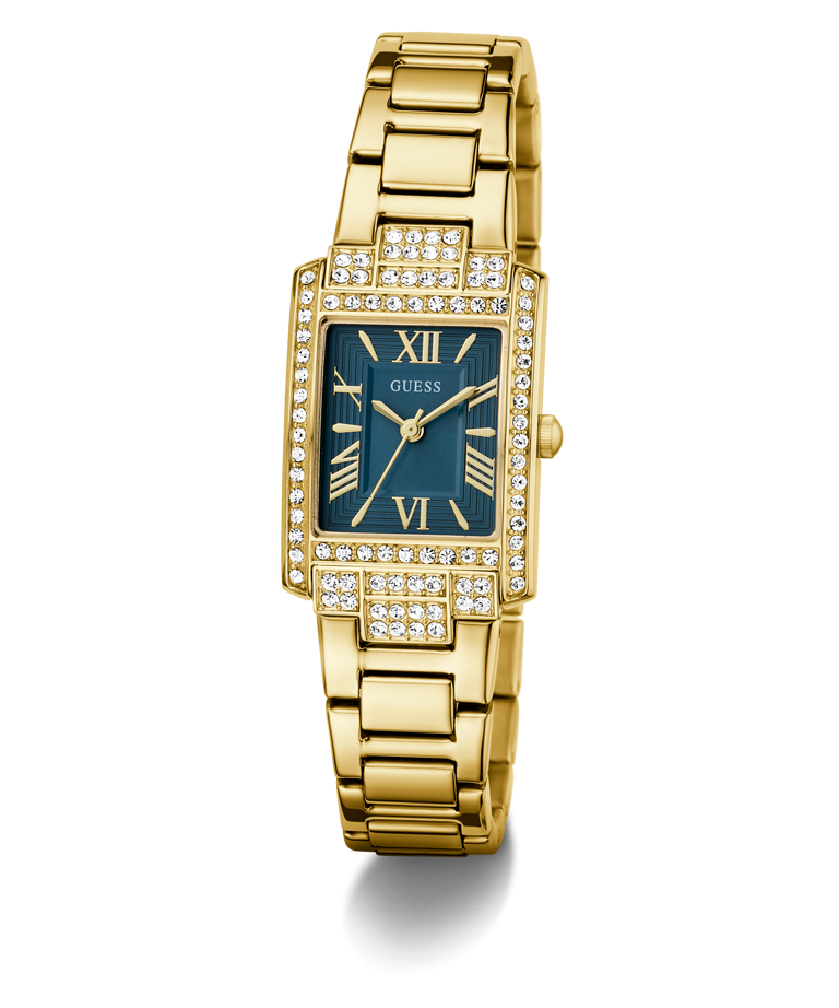 Gold GUESS Ladies Gold Tone Analog Watch with a teal face on a transparent background