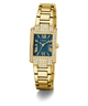 Gold GUESS Ladies Gold Tone Analog Watch with a teal face on a transparent background