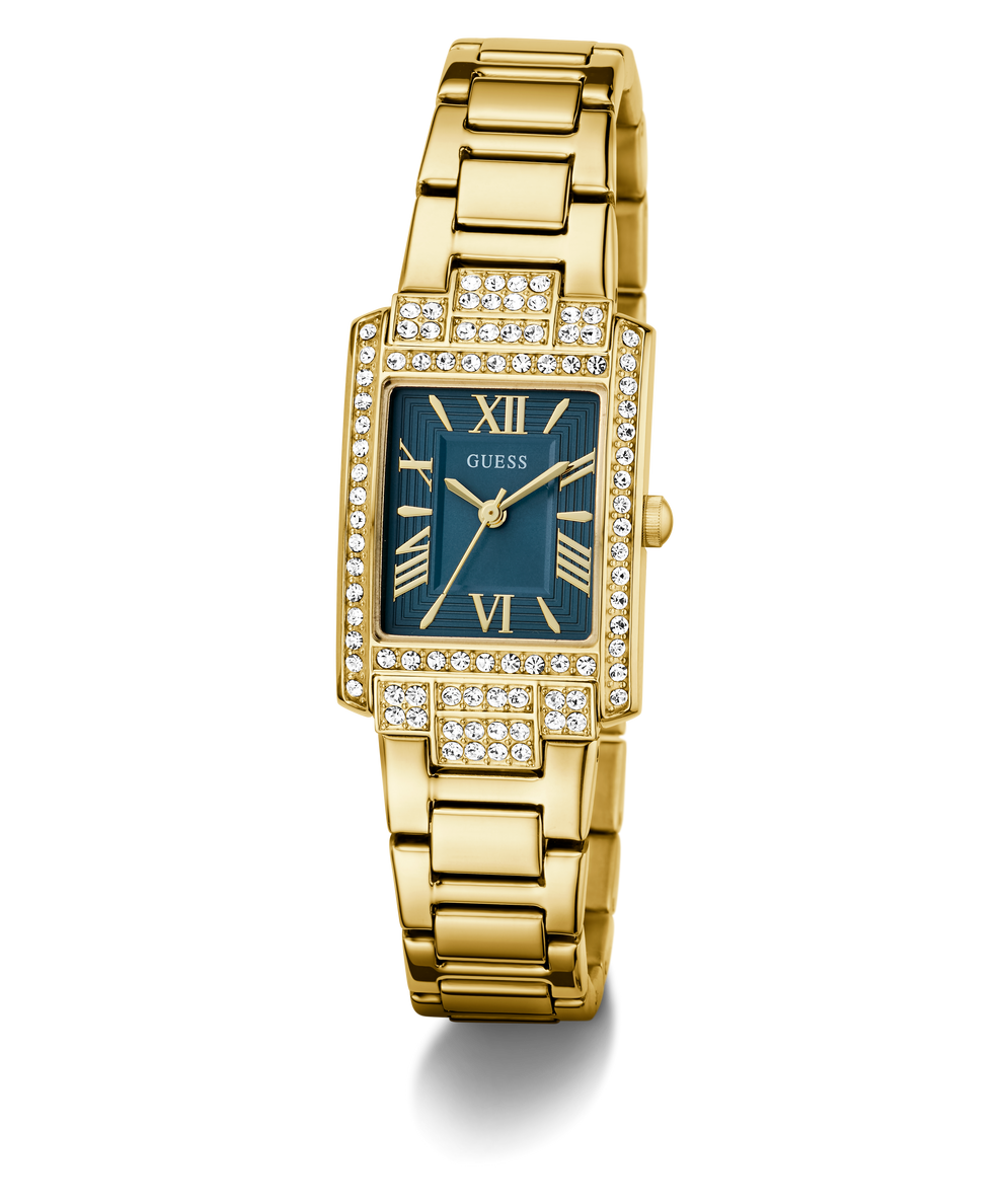 Gold GUESS Ladies Gold Tone Analog Watch with a teal face on a transparent background