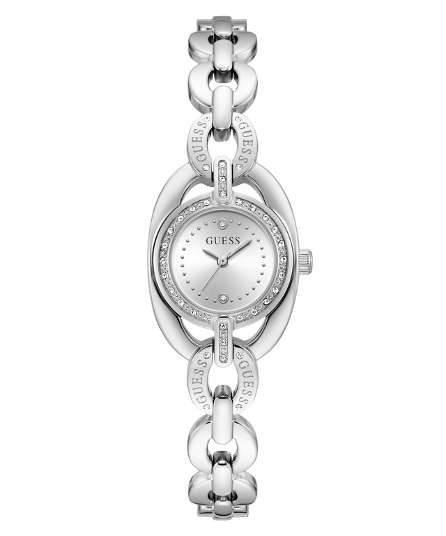 A silver-tone women's wristwatch by Guess, featuring a round silver dial with a crystal-encrusted bezel, matching silver-tone chain bracelet, and the Guess logo engraved on the links.