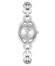 A silver-tone women's wristwatch by Guess, featuring a round silver dial with a crystal-encrusted bezel, matching silver-tone chain bracelet, and the Guess logo engraved on the links.