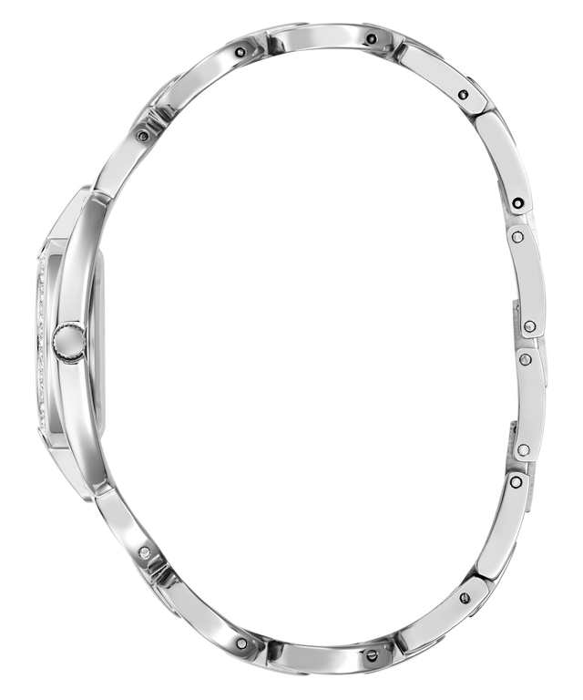 A silver stainless steel watch bracelet shown from the side profile against a solid white background.