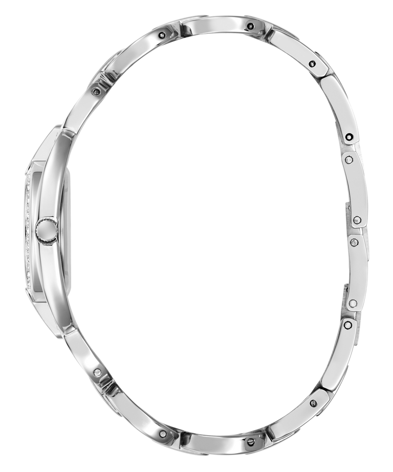 A silver stainless steel watch bracelet shown from the side profile against a solid white background.