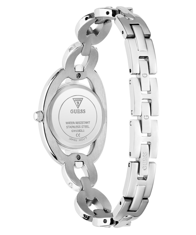 The back view of a GUESS women's stainless steel watch with a two-tone link bracelet, featuring silver and gold-colored links, on a white background.