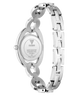 The back view of a GUESS women's stainless steel watch with a two-tone link bracelet, featuring silver and gold-colored links, on a white background.