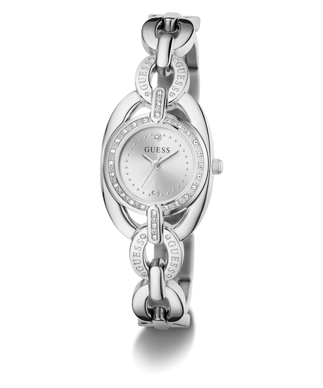 A silver-tone GUESS watch with a distinctive chain-link bracelet and crystal accents, shown on a clean white background.