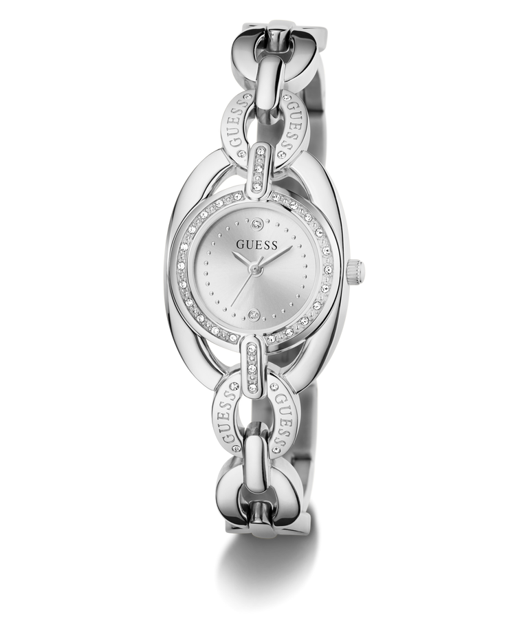 A silver-tone GUESS watch with a distinctive chain-link bracelet and crystal accents, shown on a clean white background.