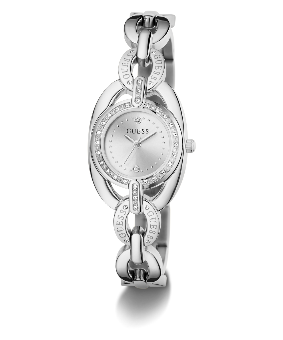 A silver-tone GUESS watch with a distinctive chain-link bracelet and crystal accents, shown on a clean white background.