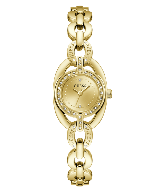 Gold-tone Guess watch with an oval face, crystal-studded bezel, and matching chain bracelet with repeated GUESS branding, shown on a plain white background.