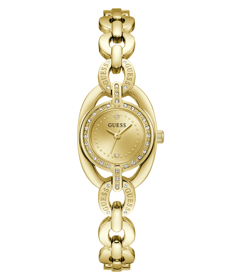 Gold-tone Guess watch with an oval face, crystal-studded bezel, and matching chain bracelet with repeated GUESS branding, shown on a plain white background.