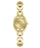 Gold-tone Guess watch with an oval face, crystal-studded bezel, and matching chain bracelet with repeated GUESS branding, shown on a plain white background.