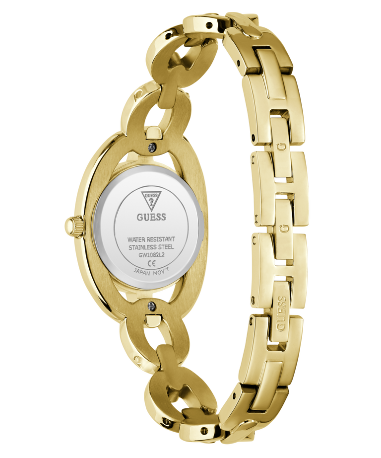 Gold-tone stainless steel women's watch shown from the back, featuring a matching link bracelet and a round case with a white dial insert displaying brand text.