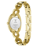Gold-tone stainless steel women's watch shown from the back, featuring a matching link bracelet and a round case with a white dial insert displaying brand text.