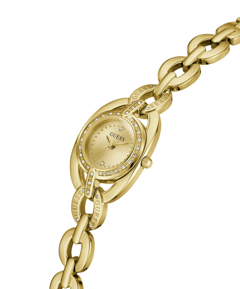 Gold-tone women's wristwatch with an oval face, diamond accents around the bezel, and a matching chain bracelet, shown on a plain white background. lifestyle