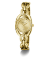 Gold-tone GUESS bracelet watch with a round crystal-studded bezel and matching link bracelet, shown on a clean white background.