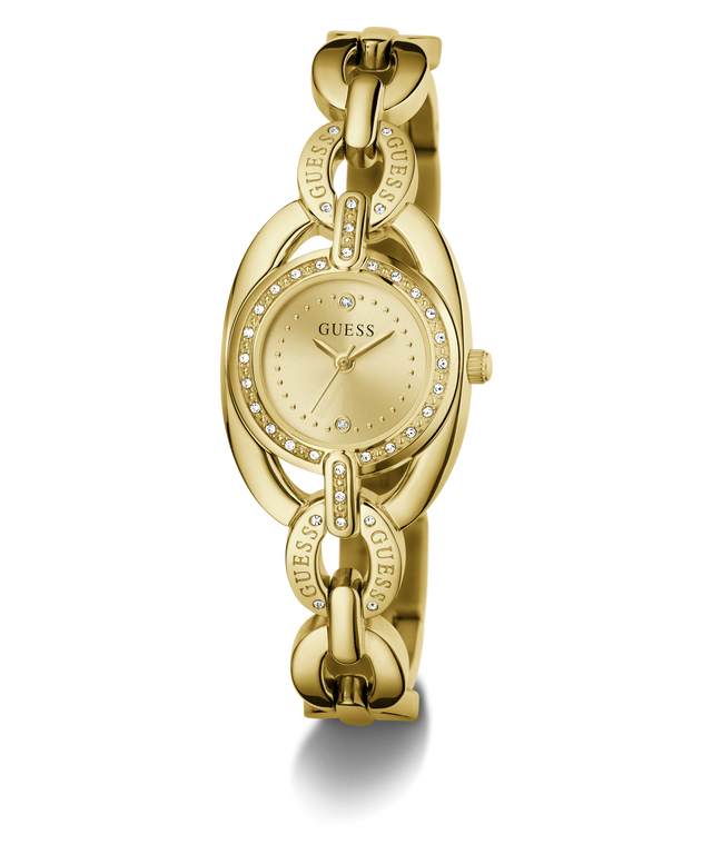 Gold-tone GUESS bracelet watch with a round crystal-studded bezel and matching link bracelet, shown on a clean white background.