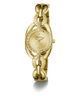 Gold-tone GUESS bracelet watch with a round crystal-studded bezel and matching link bracelet, shown on a clean white background.