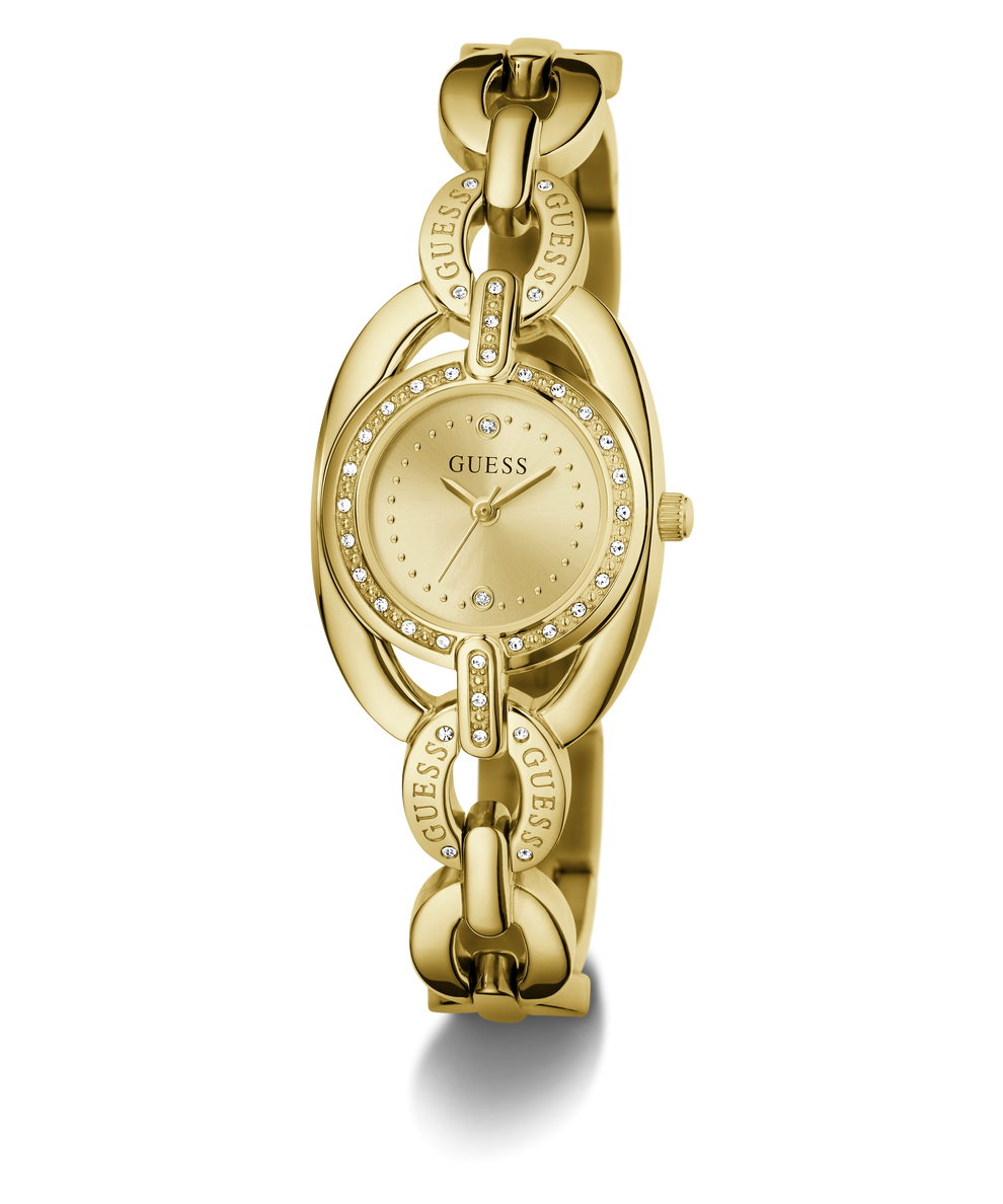 Gold-tone GUESS bracelet watch with a round crystal-studded bezel and matching link bracelet, shown on a clean white background.