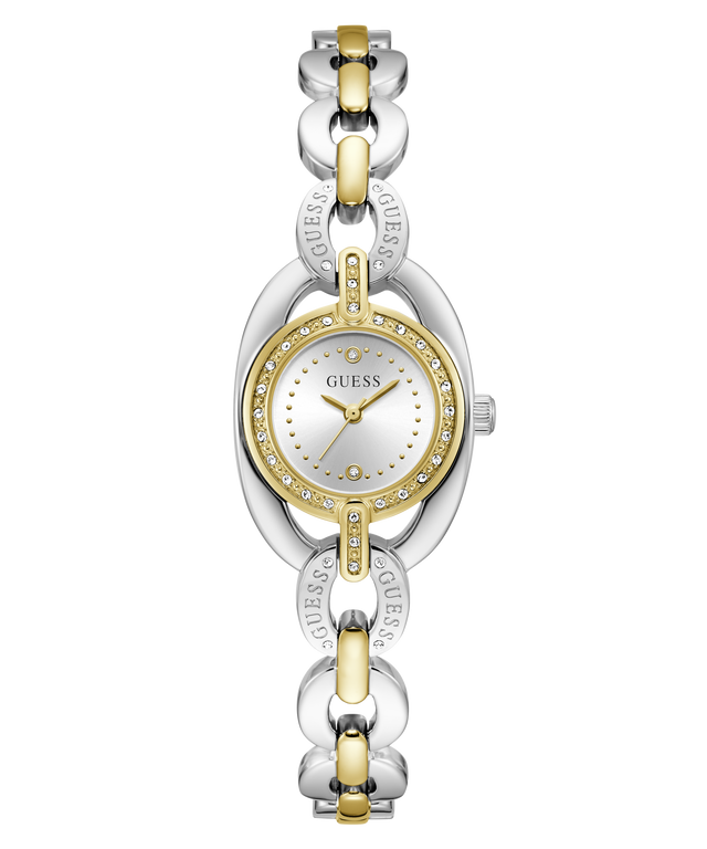 A Guess women's two-tone watch with a silver and gold-tone link bracelet, a silver oval case, and a white dial with gold-tone hands and a crystal-encrusted bezel.