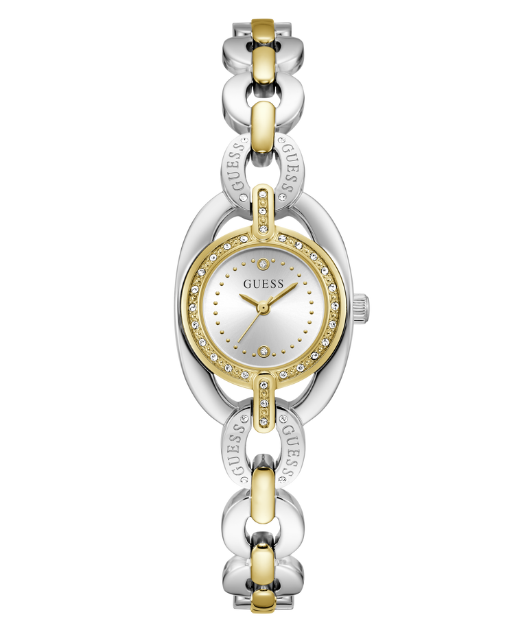 A Guess women's two-tone watch with a silver and gold-tone link bracelet, a silver oval case, and a white dial with gold-tone hands and a crystal-encrusted bezel.